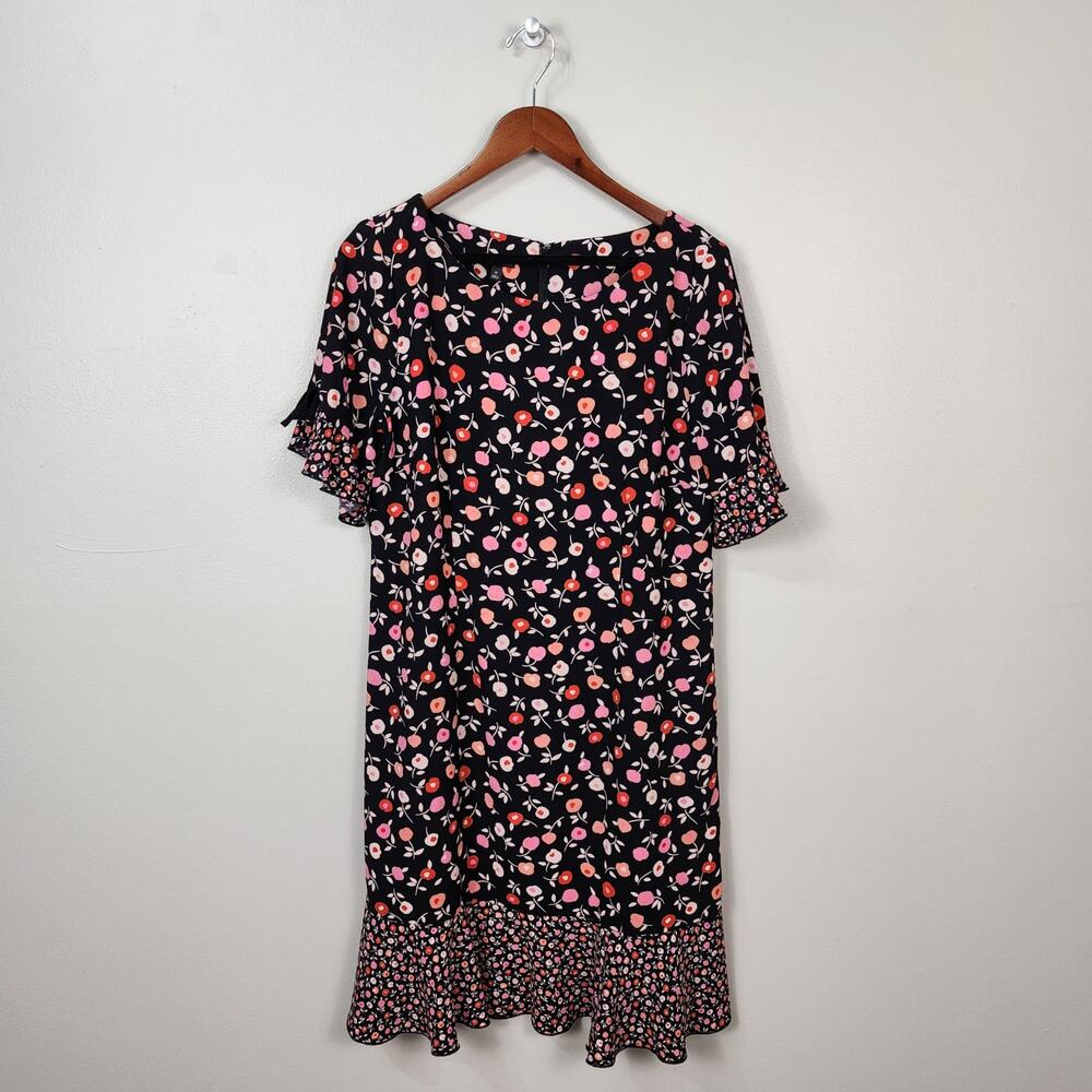 TALBOTS | Floral Shift Dress Size 12 Black Red Pink Midi Flounce Ruffle Modest